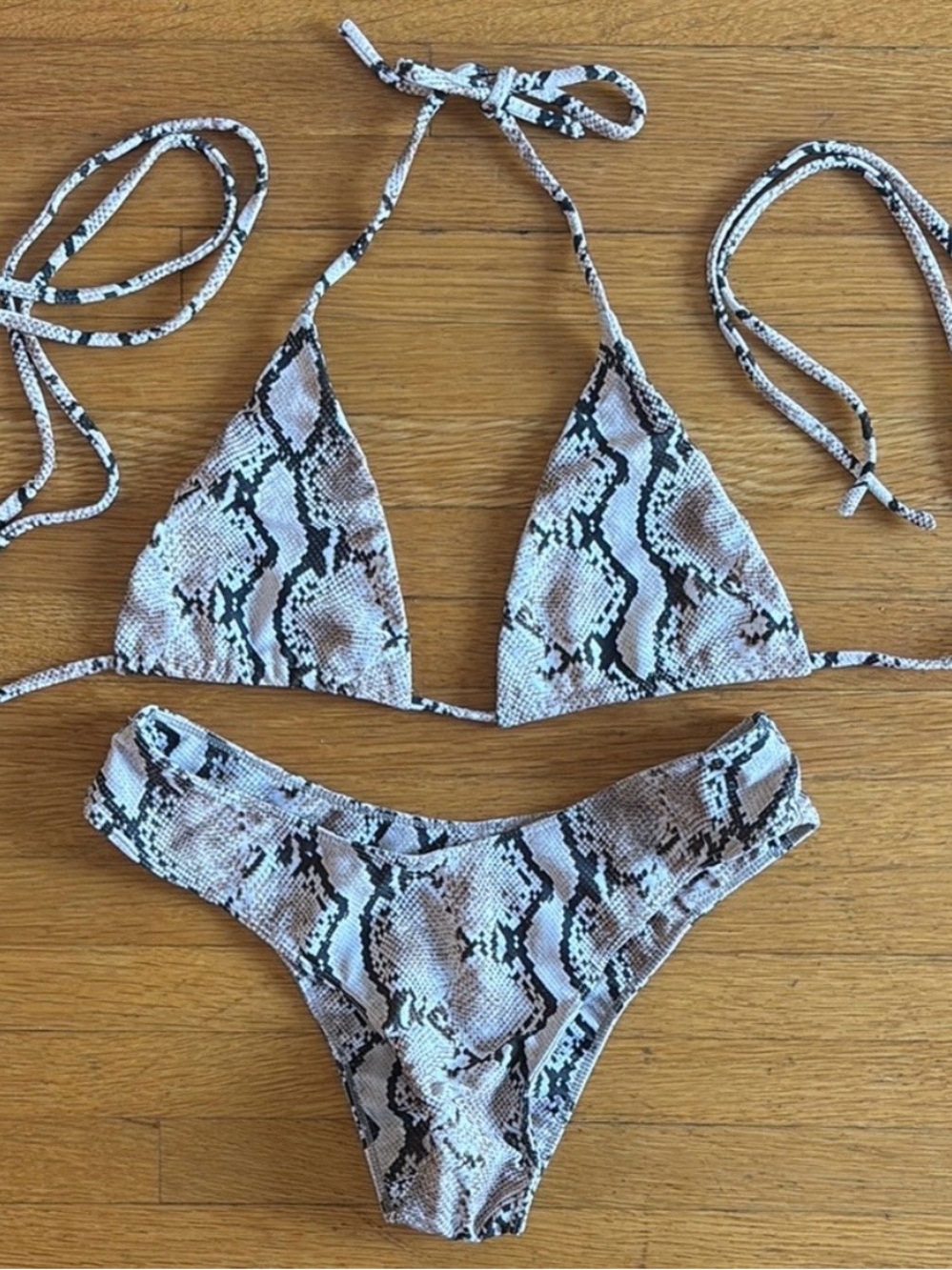 Snake Print Triangle Bikini Set - Taupe/Black